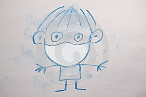 Boy with medical face mask iIllustration made like a childâ€™s crayon drawing on paper