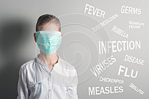 Boy in the medical mask covered his face next to the name of diseases on gray background