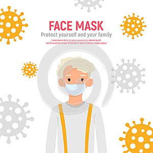 Boy with medical mask on face to protect him against coronavirus covid-19, 2019-nCov isolated on white background. Kids