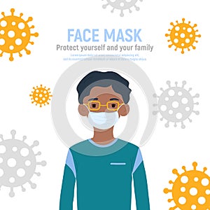 Boy with medical mask on face to protect him against coronavirus covid-19, 2019-nCov isolated on white background. Kids virus