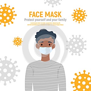 Boy with medical mask on face to protect him against coronavirus covid-19, 2019-nCov isolated on white background. Kids virus