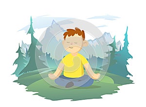 A boy meditates in the lotus position against the backdrop of a mountain landscape. Mindfulness , children's mental
