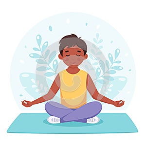 Boy meditating in lotus pose. Gymnastic, yoga and meditation for children. Vector illustration