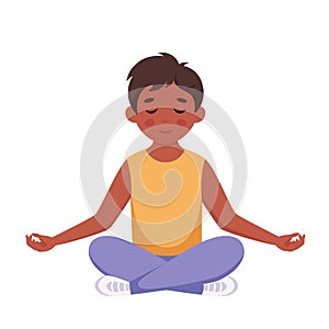 Boy meditating in lotus pose. Gymnastic, yoga and meditation for children. Vector illustration