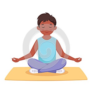 Boy meditating in lotus pose. Gymnastic, yoga and meditation for children. Vector illustration