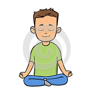Boy meditating. Yoga and relaxation flat design icon. Flat vector illustration. Isolated on white background.
