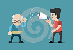 Boy with megaphone and hard of hearing old man. Concept for hearing loss.