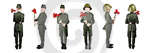 Boy in military uniform holds red flowers posing in a row, isolate on white