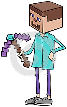 Boy in Minecraft costume at Halloween party cartoon illustration