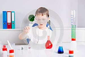 Boy mixing colored liquids in test tubes