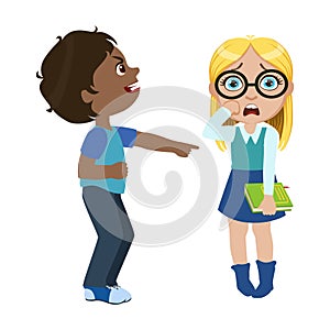 Boy Mocking A Girl, Part Of Bad Kids Behavior And Bullies Series Of Vector Illustrations With Characters Being Rude And