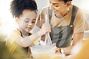 Boy, mom and baking in kitchen, teaching and learning with support, child development and breakfast. Home, cooking and