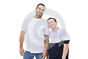 boy with monoparental father on studio white background