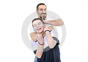 boy with monoparental father on studio white background