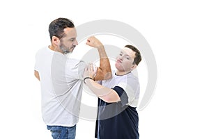 boy with monoparental father on studio white background