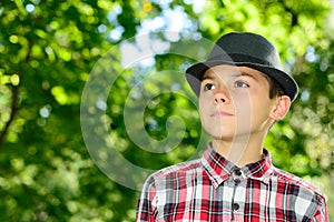 Boy with Nice Hat Plaid Shirt