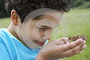 Boy Observing Toad Outdoors