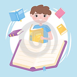 Boy with open book, books with bookmark literature learn concept