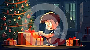 A boy opens a magical gift next to a Christmas tree, a Christmas miracle. illustration.