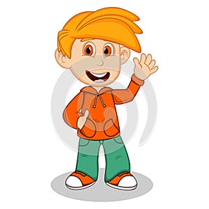Boy with orange jacket and green trousers waving his hand cartoon
