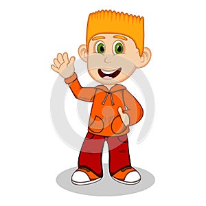 Boy with orange jacket and red trousers waving his hand cartoon
