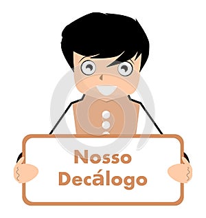 Boy with our decalogue sign, portuguese, rules, isolated. photo