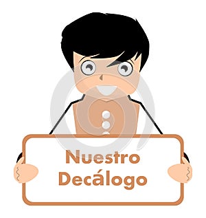 Boy with our decalogue sign, spanish, rules, isolated. photo