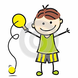 Person, boy with paddle ball uno, tennis racket and bouncy ball, leisure activity, eps. photo