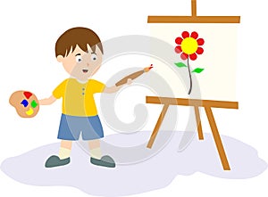 Boy painting a picture with canvas and colors