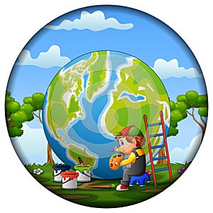 A boy painting the world in round frame