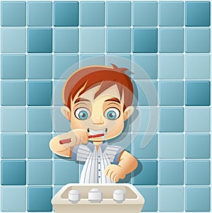 Boy in pajamas brushing teeth.