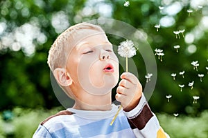 Boy in park blowing on dandelion