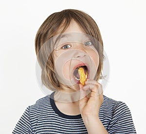 Boy with peanut flips in the mouth photo