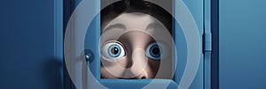 Boy peeking out of a blue door, concept of Curiosity