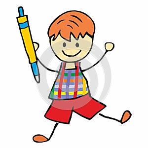 Boy with pen, school child, one person on white background, colour picture