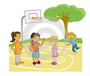 BOY PERSUADING A GIRL TO PLAY BASKETBALL photo