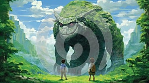 Boy And Pet Encounter Giant Cyclops Guardian Jade Creature In Stunning Landscape