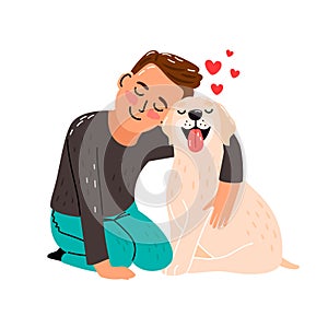 Boy pet love. Kid and dog vector illustration, children puppy friend, pup animal owner happy child cartoon vector