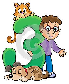 Boy and pets with number three