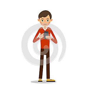 Boy with phone. Young man with a phone in his hand. Cartoon char