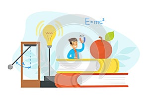 Boy Physicist Scientist Character Doing Physics Experiment at Lesson Cartoon Vector Illustration