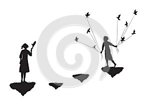 Boy with pigeons come to the girl standing on flying rock, black and white, date in dreamland,