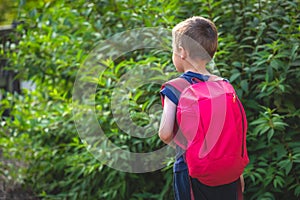 Boy with a pink backpack standing in the garden