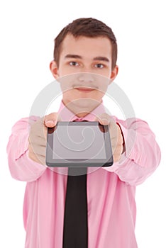 Boy in a pink shirt hold a tablet PC