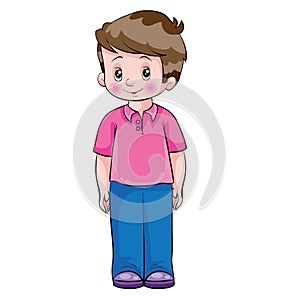 a boy in a pink t-shirt stands at attention, cartoon illustration, isolated object on white color, vector illustration