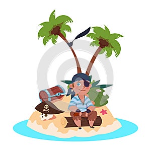 Boy pirate sits on treasure island - cartoon character vector illustration