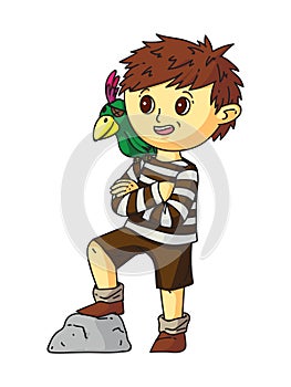 Boy pirate in t-shirt, shorts with parrot on white