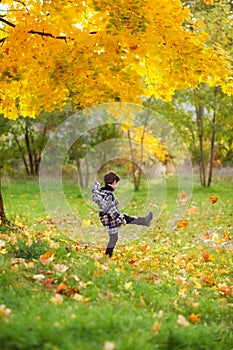 Boy in a plaid shirt runs in the autumn park, the child rejoices in the autumn