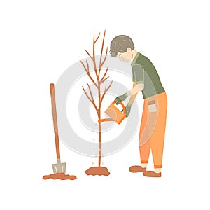 Boy planted tree and watering it. Vector hand drawn