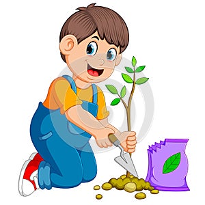 A boy planting a green young plant with fertilizer
